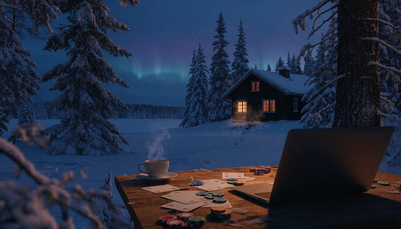Suomalainen mökki järven rannalla pokerimerkkien ja suljetun kannettavan kanssa