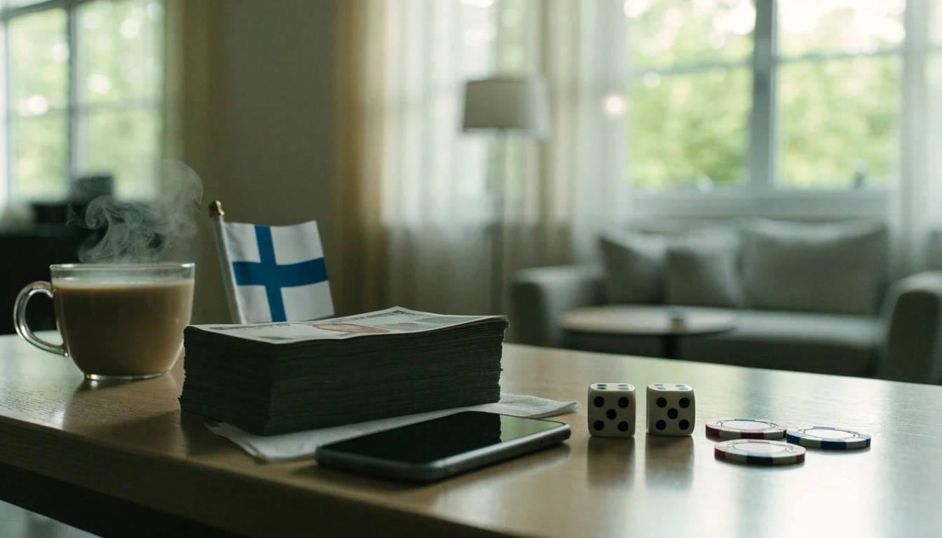 Suomalainen pelaaja tarkastelee kasinobonuksen ehtoja pöydän ääressä