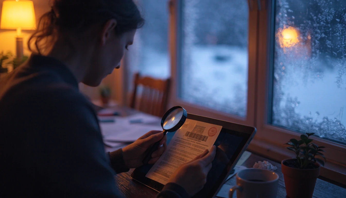 Henkilö tarkastelee lisenssiasiakirjaa tabletin äärellä kodikkaassa sisustuksessa