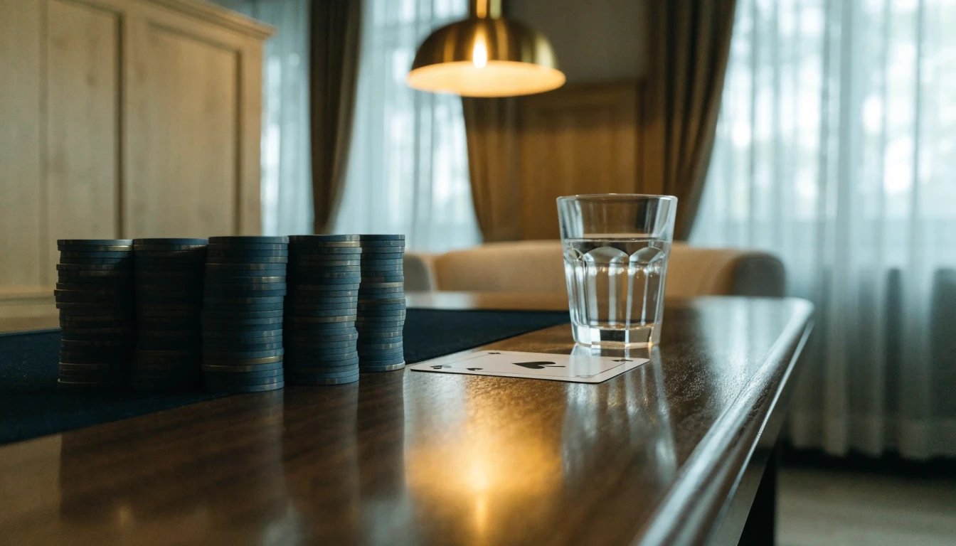 Elegantti pohjoismainen lounge: pinottuja kasinopelimerkkejä, ässäkortti ja kristallilasi hienostuneessa sisustuksessa