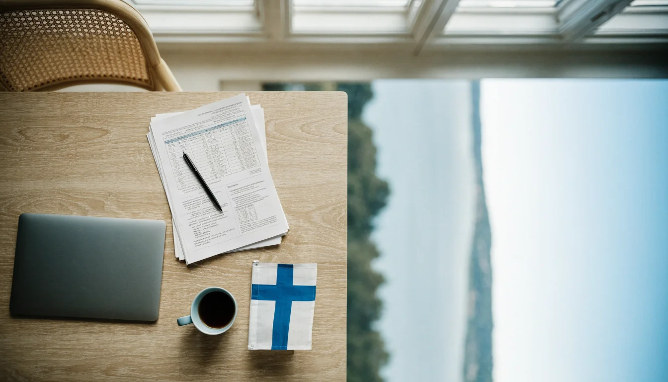 Suomalainen työpöytä asiakirjoineen ja kannettavana