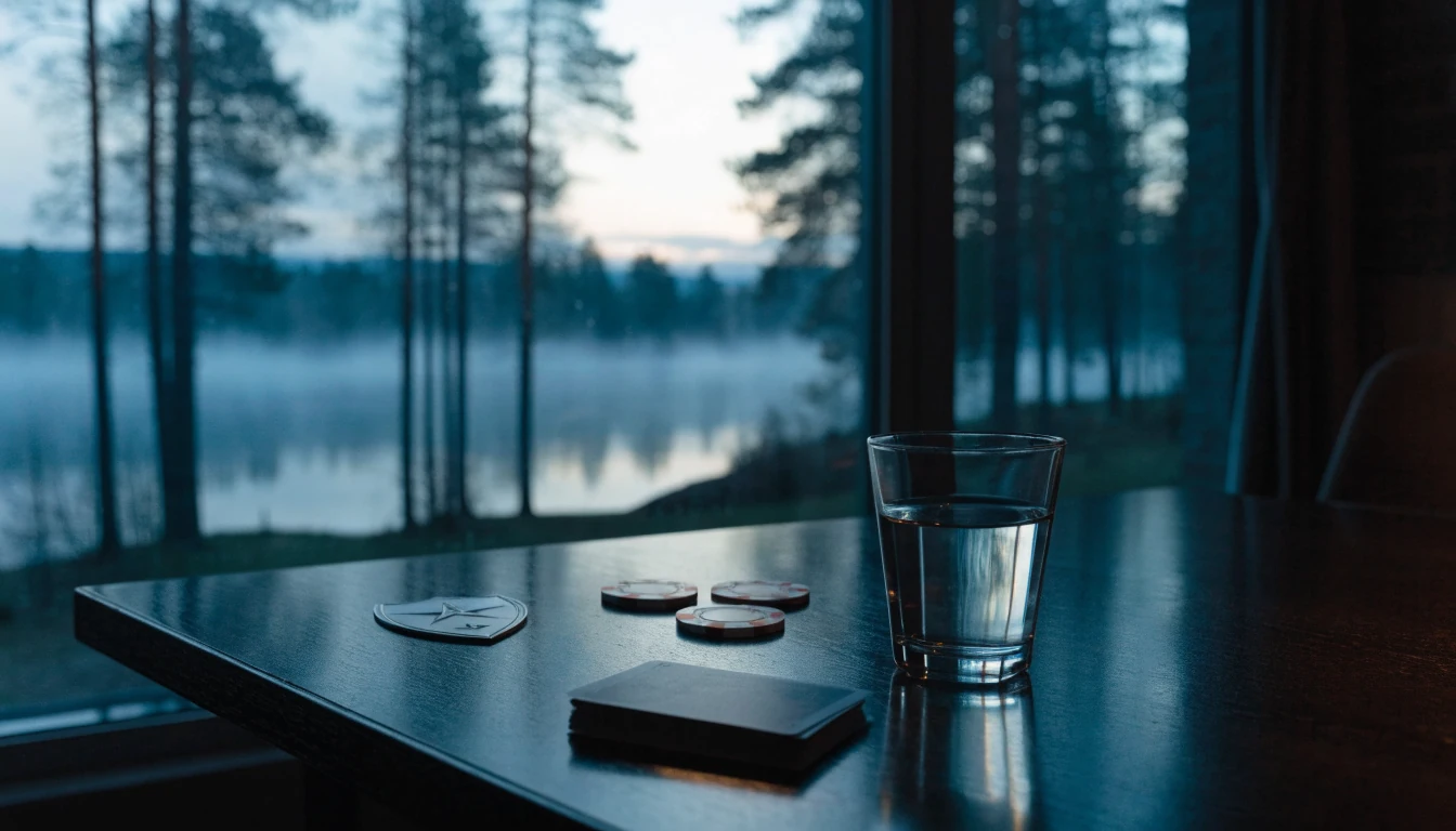 Suomalainen järvimaisema ikkunan takana, pöydällä pelimerkkejä ja kilpi