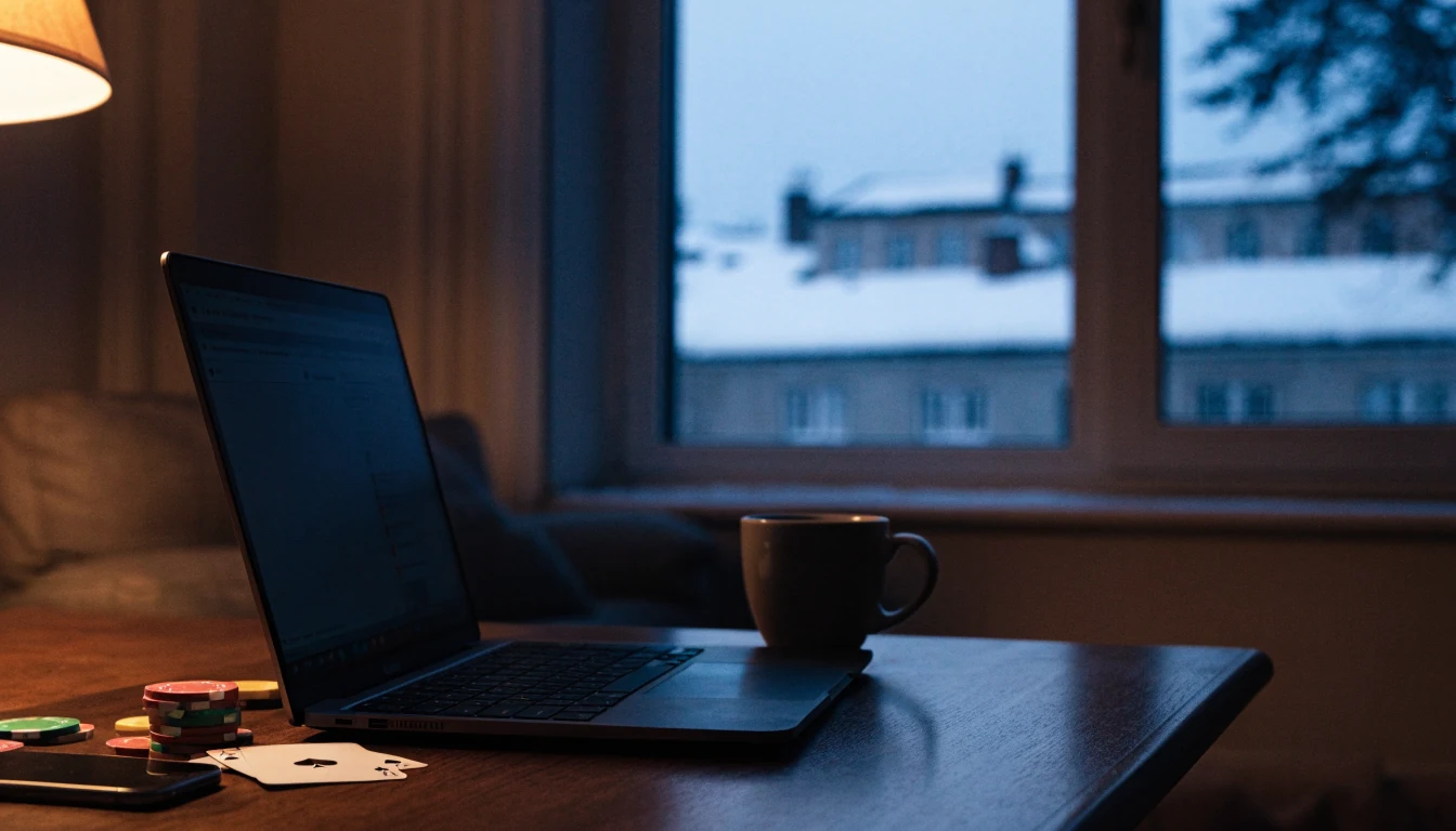 Pöytä suomalaisessa asunnossa, älypuhelin ja kannettava tietokone, pelimerkkejä
