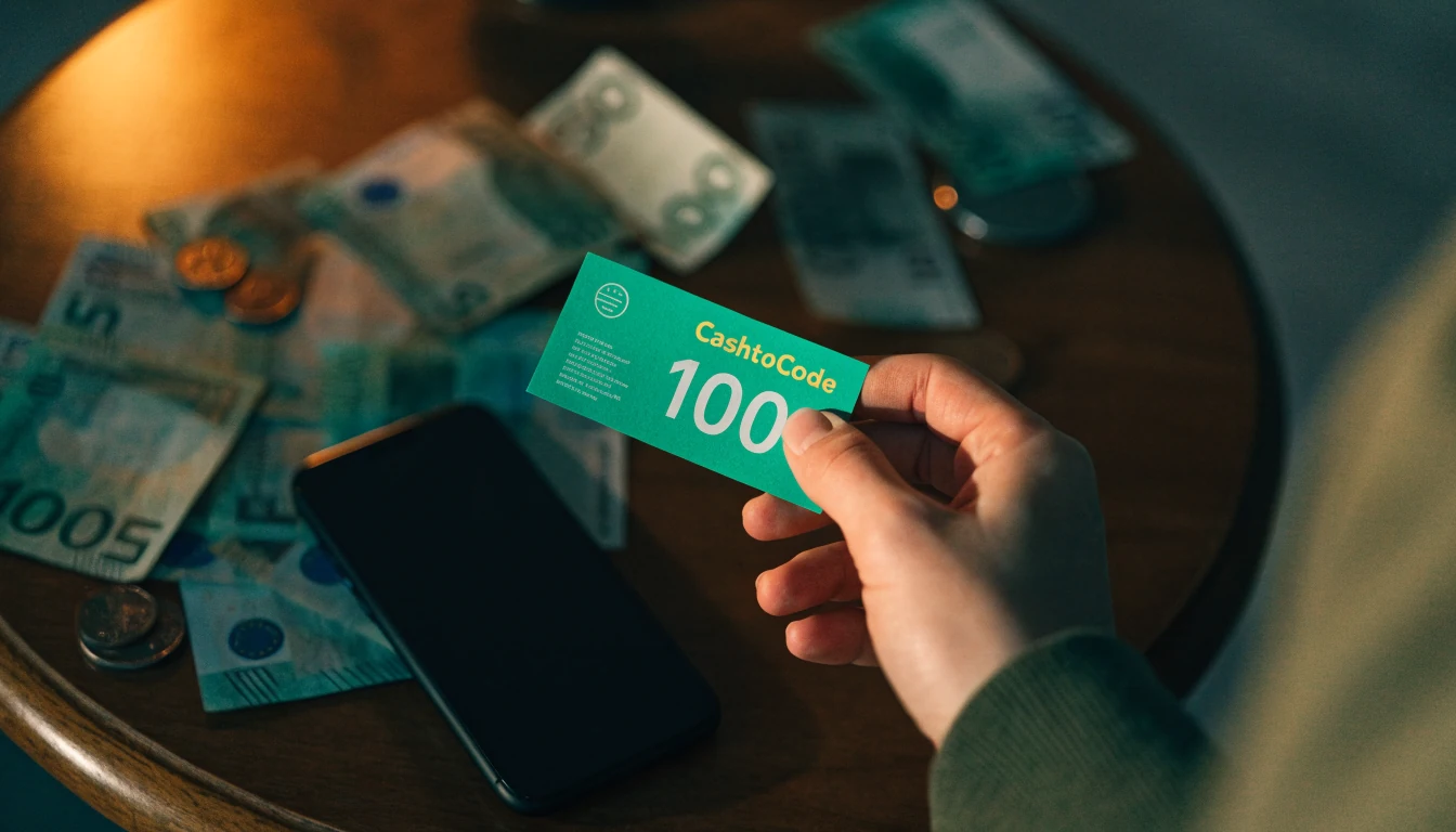 Käsi pitelee CashtoCode-kuponkia pöydällä puhelimen ja kolikoiden vieressä.