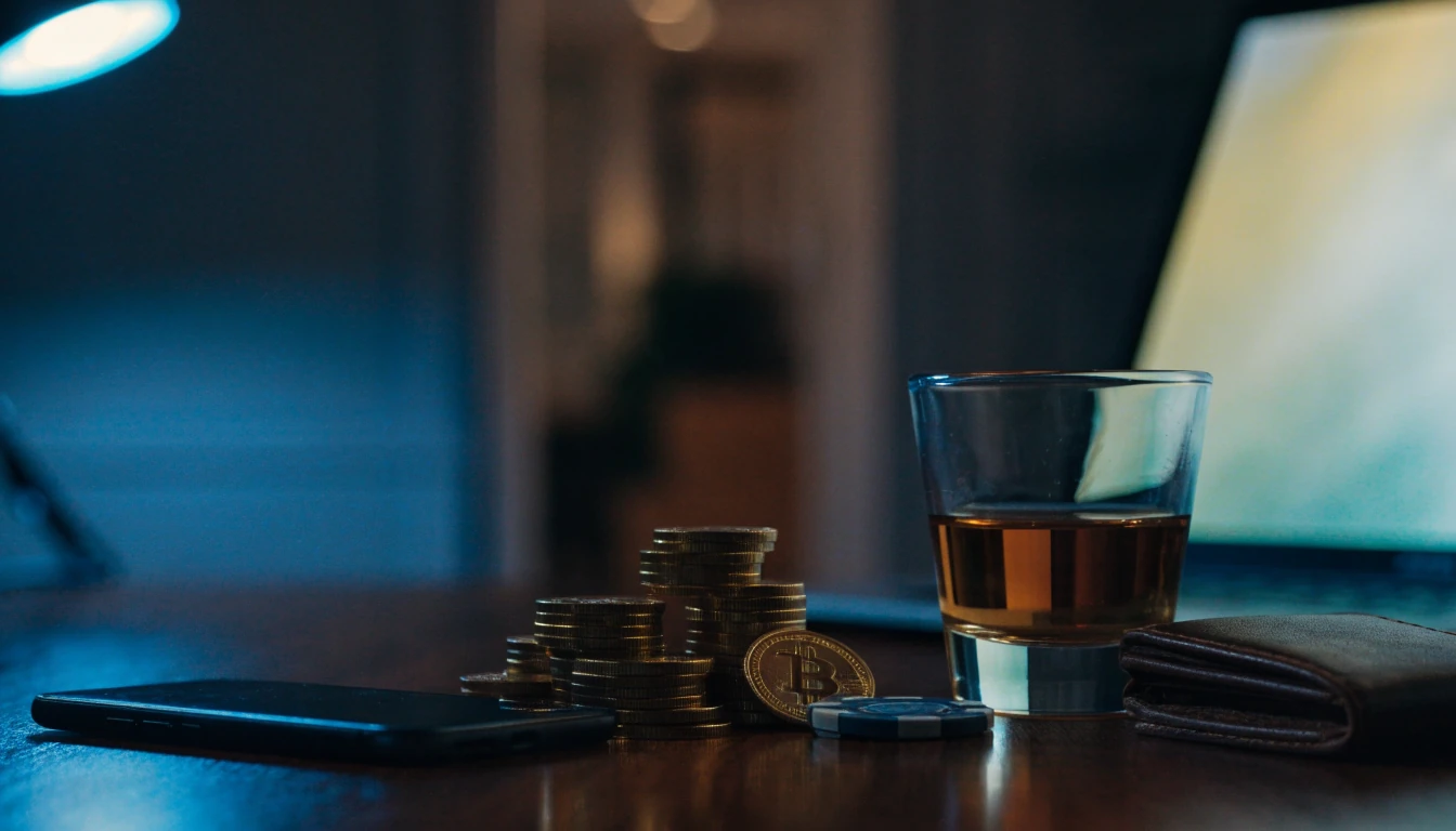 Kryptokolikot, pokerimerkki ja älypuhelin tummalla pöydällä