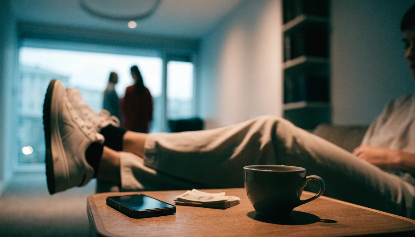 Suomalainen koti, älypuhelin pöydällä kahvikupin ja seteleiden vieressä
