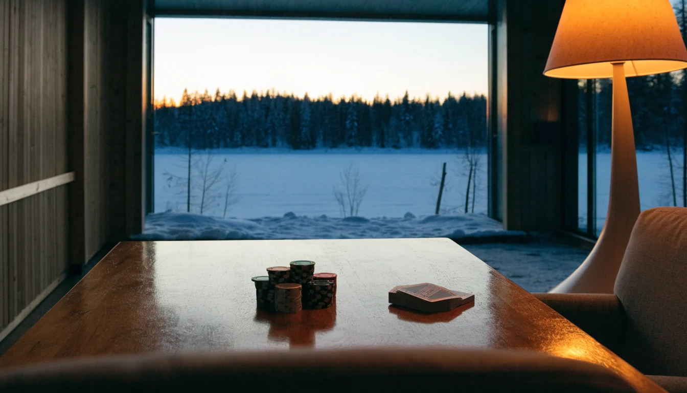 Suomalainen järvimökki talvi-illassa, pelikortteja ja pelimerkkejä puisella pöydällä