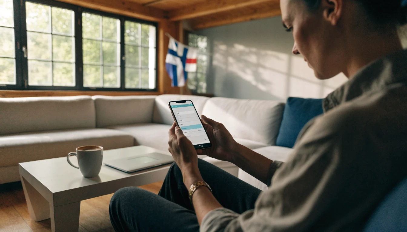Suomalainen pelaaja kirjautuu pikakasinolle pankkitunnuksilla sohvalla