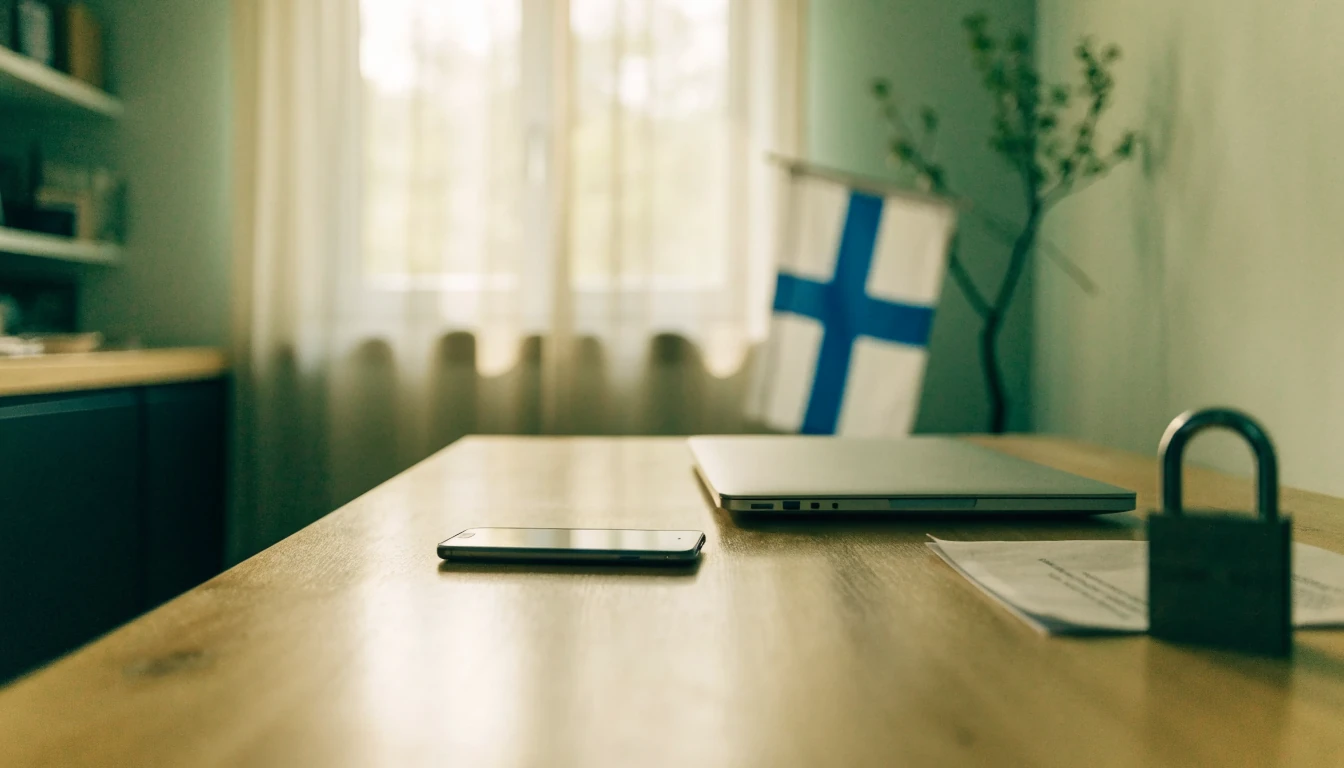 Suomalainen työpöytä, suljettu kannettava, riippulukko ja paperi — yksityisyyden symboliikka.