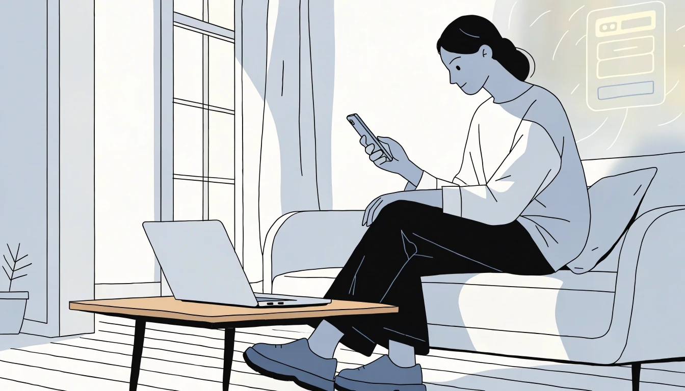 Minimalistinen pohjoismainen kuva älypuhelimesta ja kannettavasta tietokoneesta modernissa olohuoneessa