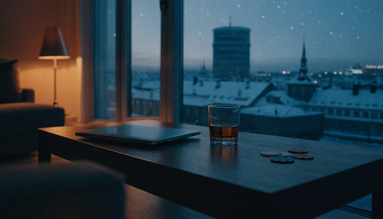 Hämärä olohuone, jossa kannettava tietokone ja pelimerkkejä pöydällä