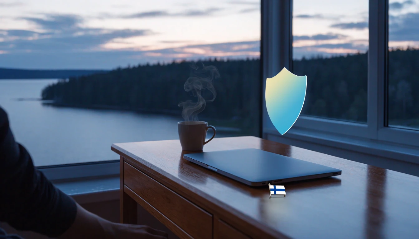 Rauhallinen suomalainen työpöytä järven äärellä, kannettava tietokone ja kilpi-symboli