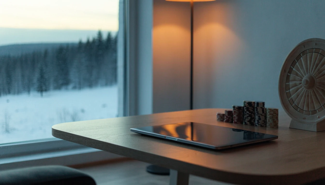 Moderni suomalainen olohuone, jossa kannettava tietokone ja kasinopelimerkkejä