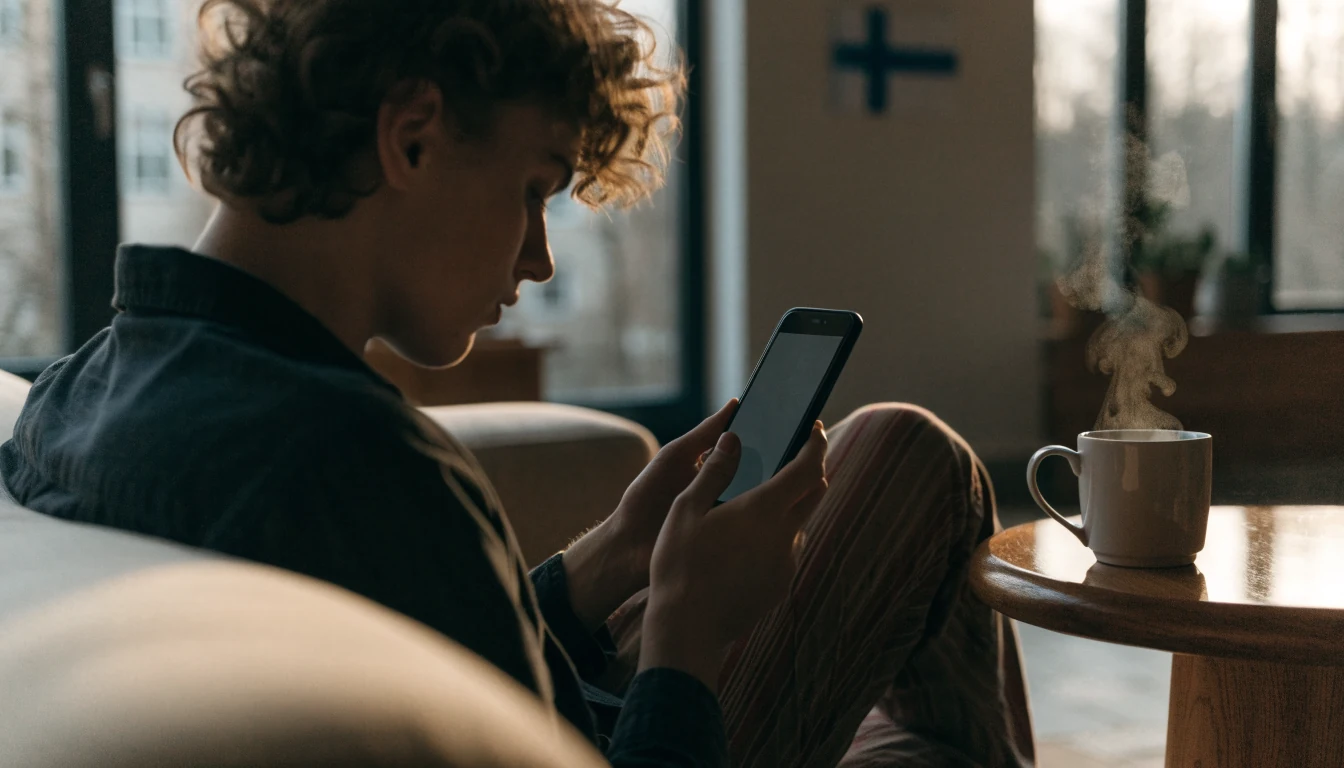 Suomalainen pelaaja nojaa sohvalla puhelin kädessä kahvikupin äärellä